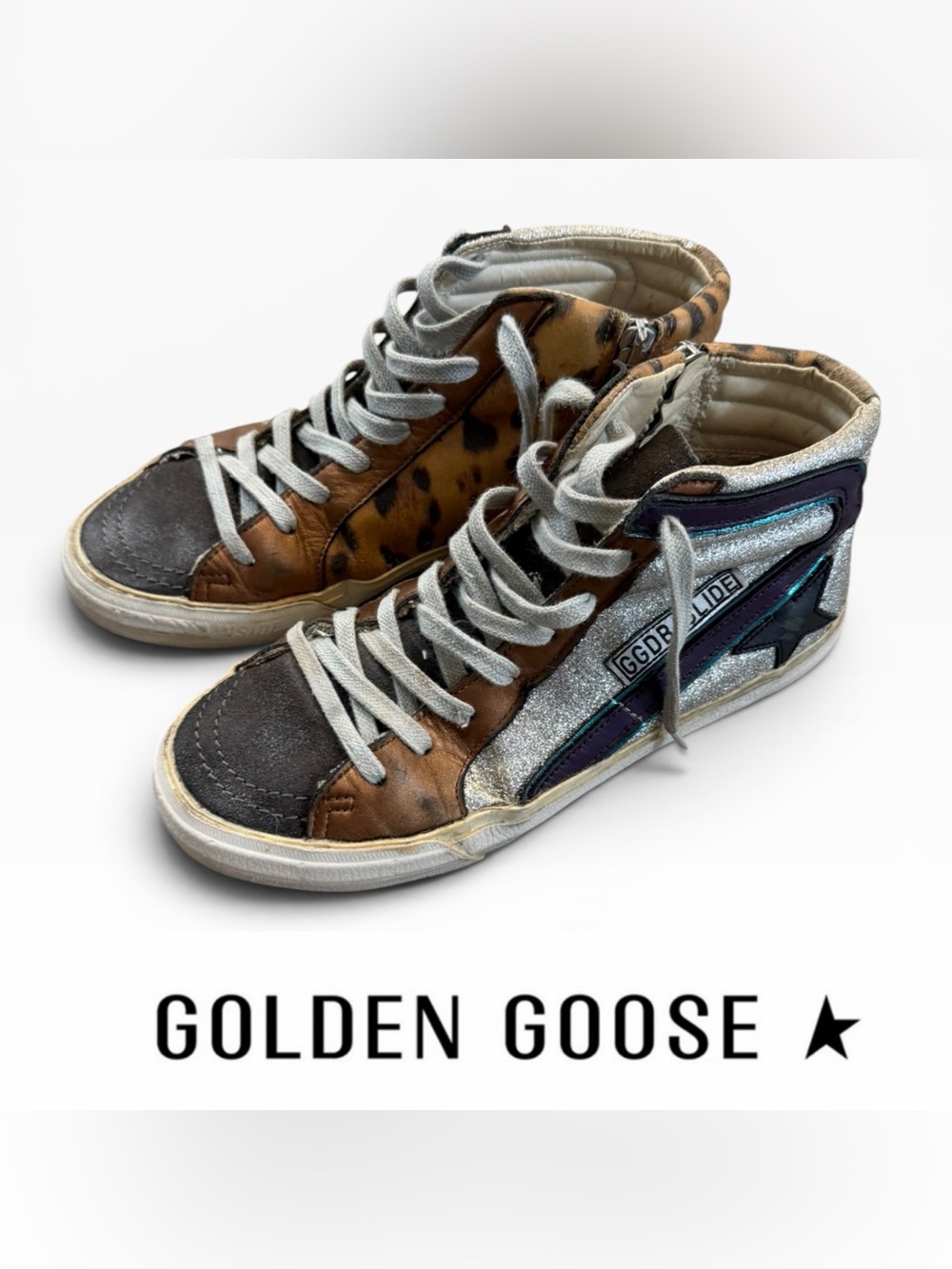 Golden Goose Slide LTD in Leopard Print & Silver High-Top Sneakers